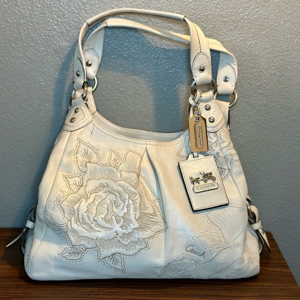 Coach White Floral Shoulder Bag with Embroidered Design